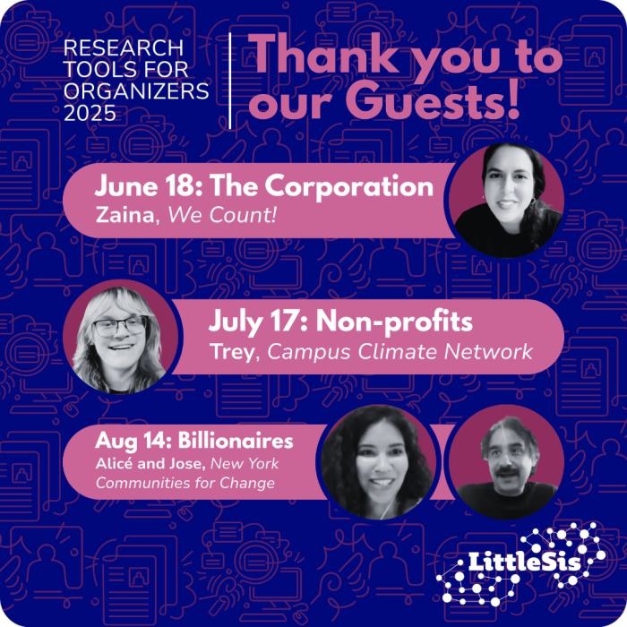 A graphic with a pink, blue and white color scheme and sans serif font. Research tools for organizers 2025 | Thank you to our guests! June 18: The corporation, Zaina, We Count; July 17: Non-profits, Trey, Campus Climate Network; Aug 14: Billionaires, Alicé and Jose, New York Communities for
Change. A head shot picture of each of the guests is included next to the training. 