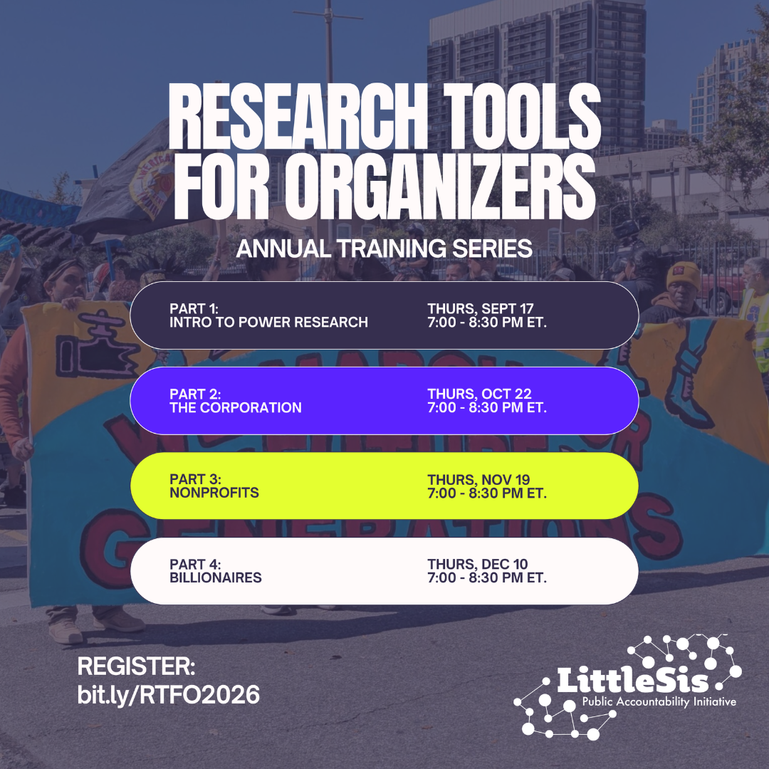 A graphic with white and purple text and purple, white and green accents, shows the scheduling for the Research Tools for Organizers training. A lower opacity image of people marching behind a banner encompasses the background. Find the training series schedule and register at, bit[dot]ly[slash]RTFO2026 [case sensitive link, RTFO is capitalized]. 
