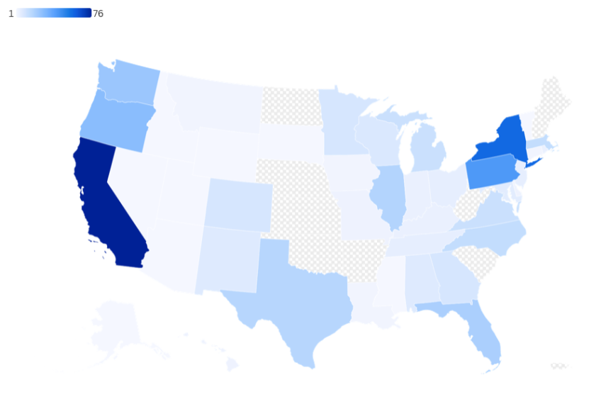A map of the United States showing the geographic breakdown of Research Tools for Organizers attendees by state. 